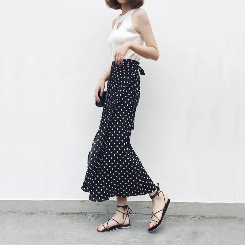 Женская юбка с высокой талией трапециевидная в горошек оборками длинная до