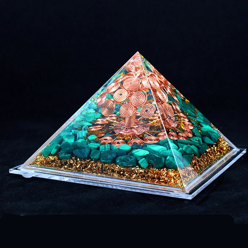 13CM Handmade Green Malachite Orgone Pyramid Crystal Sphere With Energy Copper Orgone Seven Chakra Healing Meditation Tower