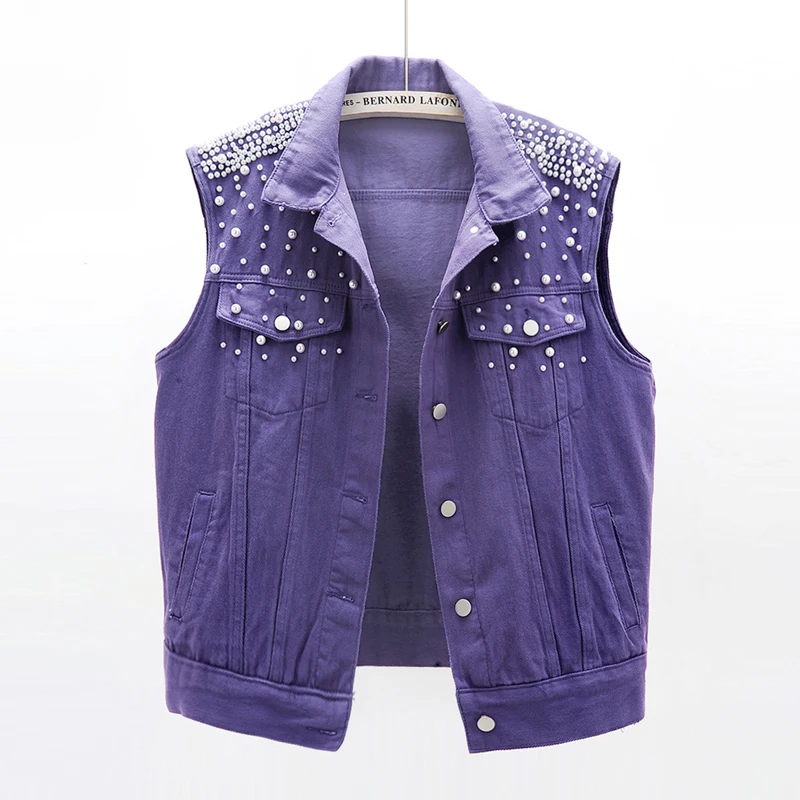 

pearls beading female fashion waistcoat 2020 NEW women sleeveless denim vests Korean loose plus size vest pink white JC242