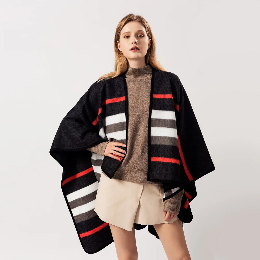 Осень-зима 2019 женское дизайнерское теплое пончо в полоску накидки для женщин