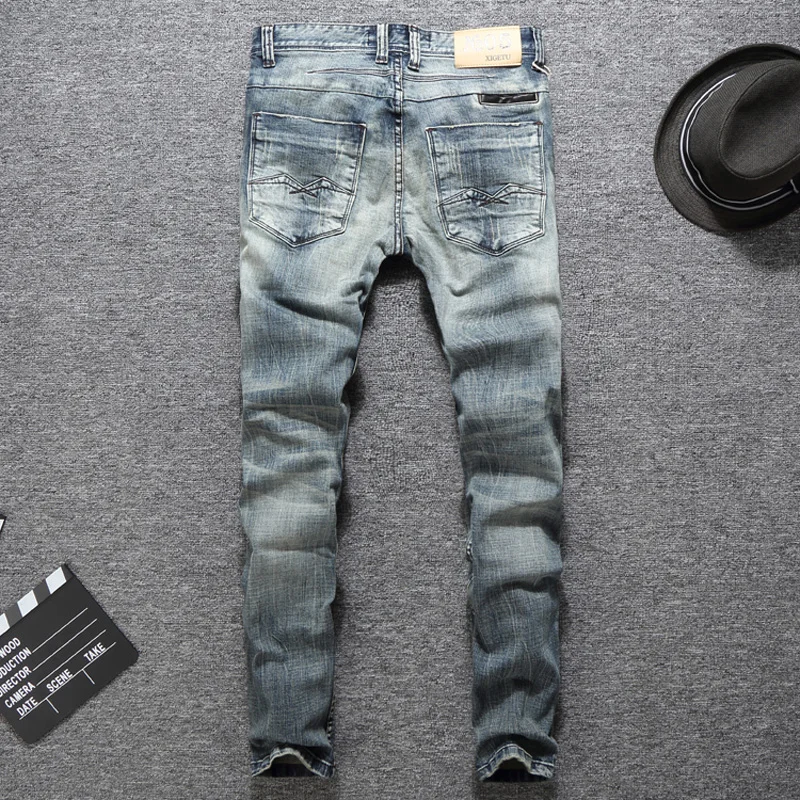 European Street Fashion Men Jeans Retro Gray Blue Elastic Slim Fit Ripped Jeans Men Vintage Designer Stretch Casual Denim Pants