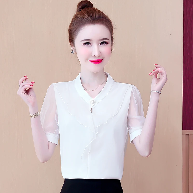 

Шифоновые облегающие Женские блузки, Новая повседневная блузка, модный топ с коротким рукавом, однотонный пуловер с V-образным вырезом и пуг...