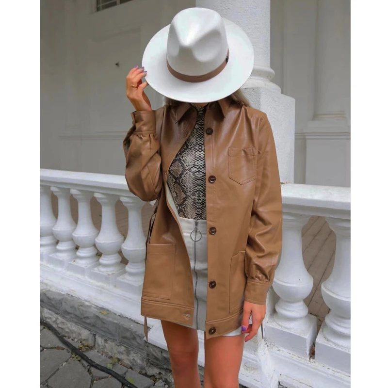 Повседневное женское длинное кожаное пальто повседневная женская кожаная