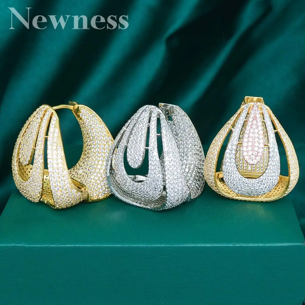 

Newness Fashion 3Tone Cubic Zirconia Earrings Trendy Charms DUBAI Big Round Hoop Statement Earring for Women Wedding Jewelry