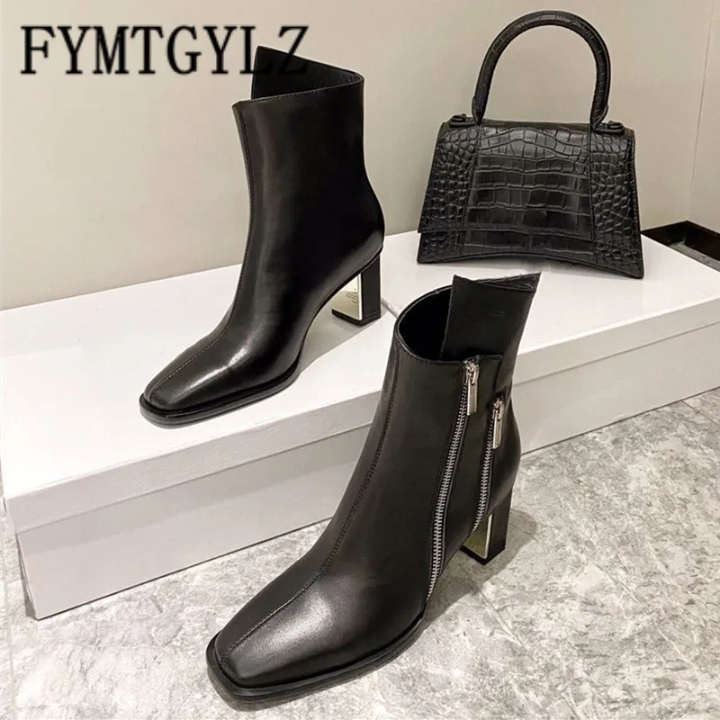 

Ботинки мартинсы, осенне-зимняя женская обувь, женские ботинки с закрытым носком, ботильоны на высоком квадратном каблуке с боковой молнией