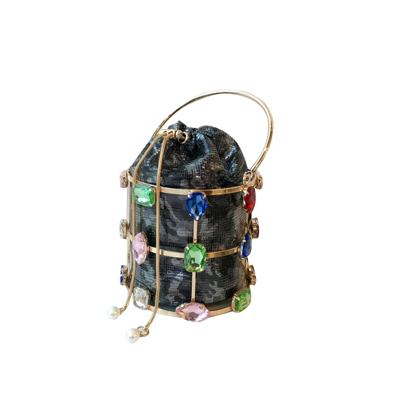 

Acrylic diamond pearls bag beaded bucket totes handbag women party gold metal cage handbag 2020 spring summer brand bag