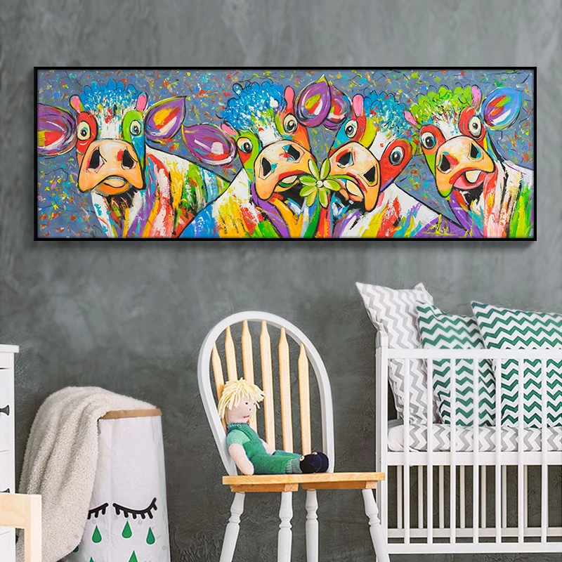 100% Hand Painted Oil Paintings Abstract Colorful Cow On Canvas Modern Wall Art Pictures For Living Room Home Decor Best Gift | Дом и сад