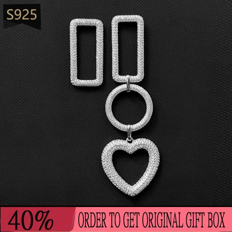 

925 Sterling Silver Earrings Geometry Heart Round Shaped Fashion Monaco Jewelry Full Zircon For Women Girl Gifts Single Sale