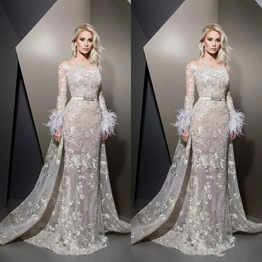 Дубай Аппликация Кружева Выпускные платья vestidos de gala Overskirt с длинным рукавом перо очаровательные развертки Поезд Формальные Вечерние платья