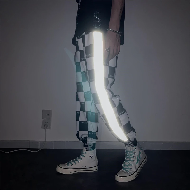 

Reflective Streetwear Pants Men Jogger Ankle-Length Harem Pants Splice Black white Lattice Joggers Trousers Men Pants Casual