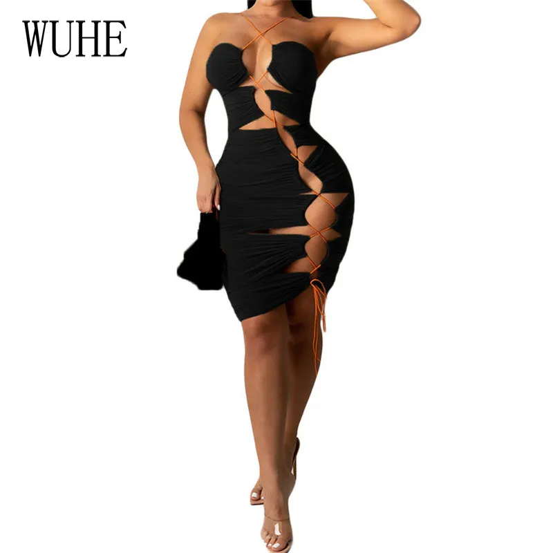 

WUHE Beach Holiday Mini Dresses Spaghetti Strap Sleeveless Cross Lace Up Off Shoulder Open Back Casual Party Club Slim Bodycon