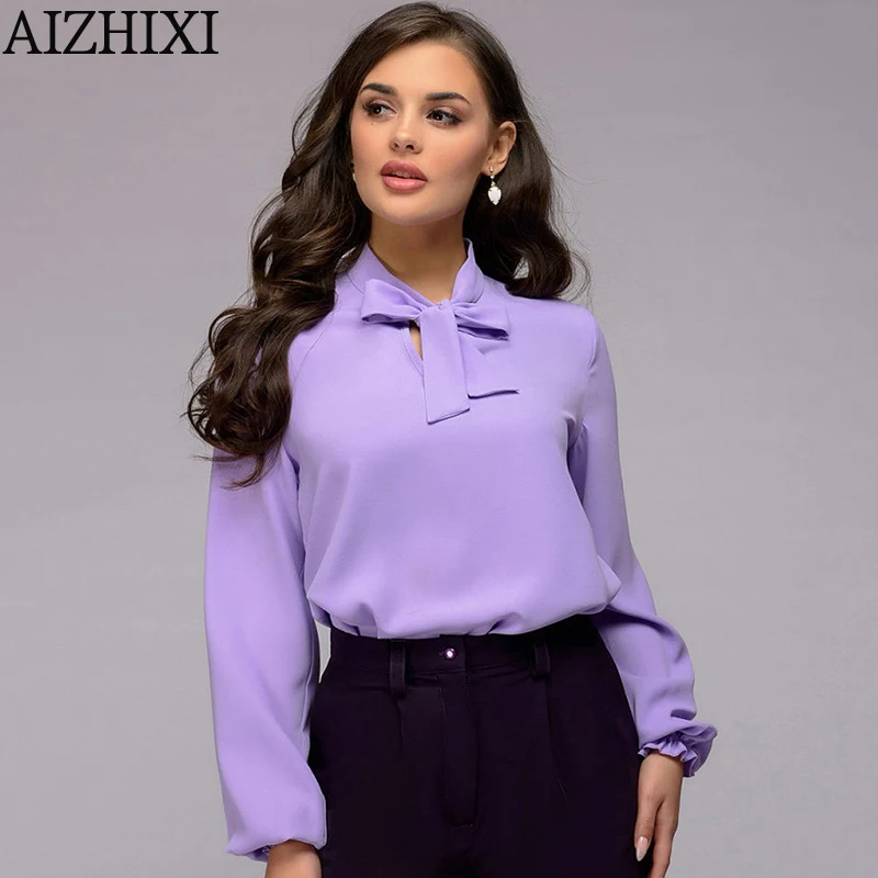 Lavender AIZHIXI, женские шифоновые блузки с галстуком-бабочкой, весенне-летние однотонные повседневные рубашки, винтажные элегантные женские рубашки с длинным рукавом, топы, блузы - Цвет: Lavender