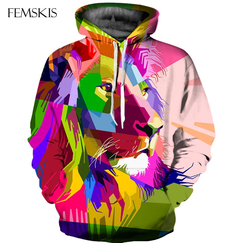 

FEMSKIS New Creative Colorful Lion 3D Print Hoodies Sweatshirt Men Women Hooded Tops Hip Hop Unisex Graphic Oversize Pullover