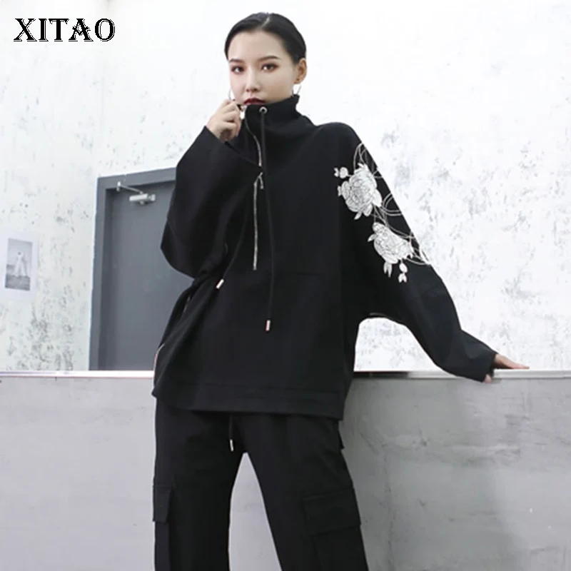 XITAO толстовка с цветочной вышивкой, модная, на шнурке, рукав летучая мышь, маленькая, свежая, повседневная, свободная толстовка GCC3036