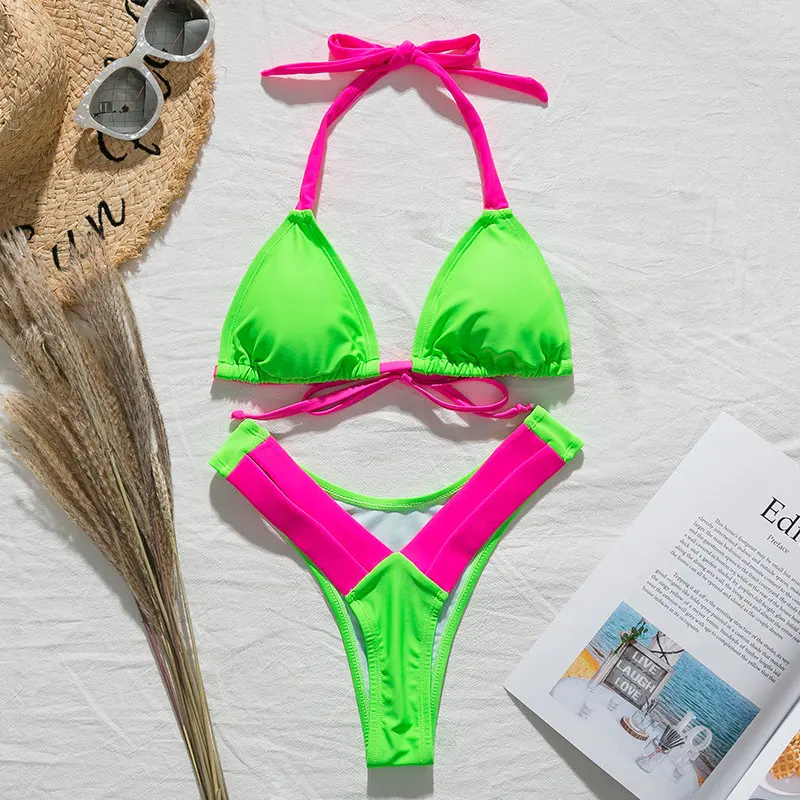 Leopard brazilian bikini Push up thong swimsuit female Halter high cut neon swimwear women bathing suit Micro sexy bikini - Цвет: 2134-1