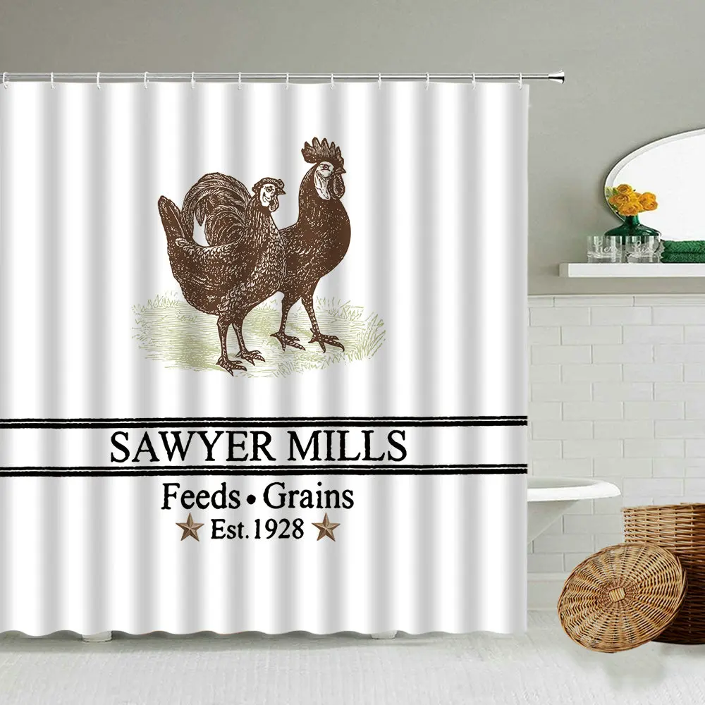 

Retro Farmhouse Animal Chicken Shower Curtain Antique Wooden Board Farm Poultry Bathroom Decoration Waterproof Privacy Screen