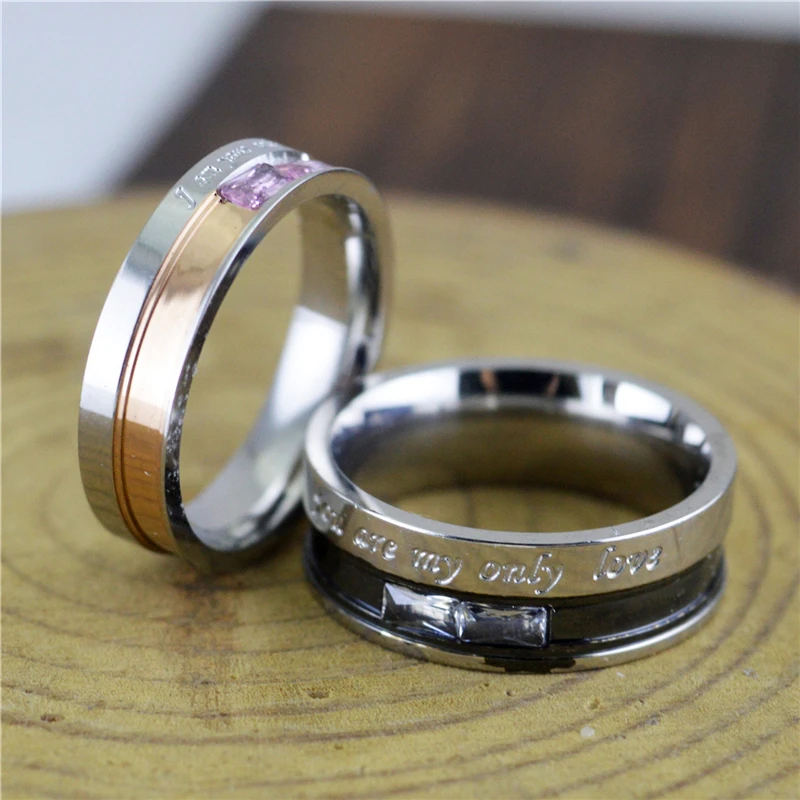 

Fashion Pink Color Crystal Couple Rings With AAA Cubic Zirconia Simple Stainless Steel Weddingg Jewelry for Women Accessories