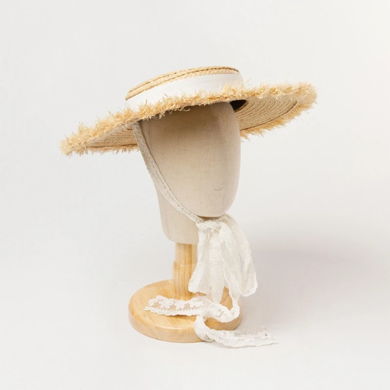 

Kids Boys Girls Summer Shallow Flat Top Straw Hat Wide Brim Banded Lace Ribbon Chin Strap Sun Protection Visor Floppy Beach Cap