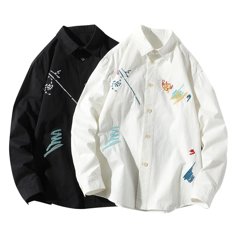 Urban men's clothing spring new ins trend Korean cardigan lapel men's shirt long-sleeved cartoon casual shirt men's clothing