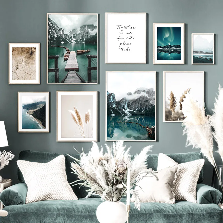 

Scandinavian Travel Landscape Canvas Painting Mountain Boat Grass Nordic Poster Print Wall Art Picture Room Decor Modern Living