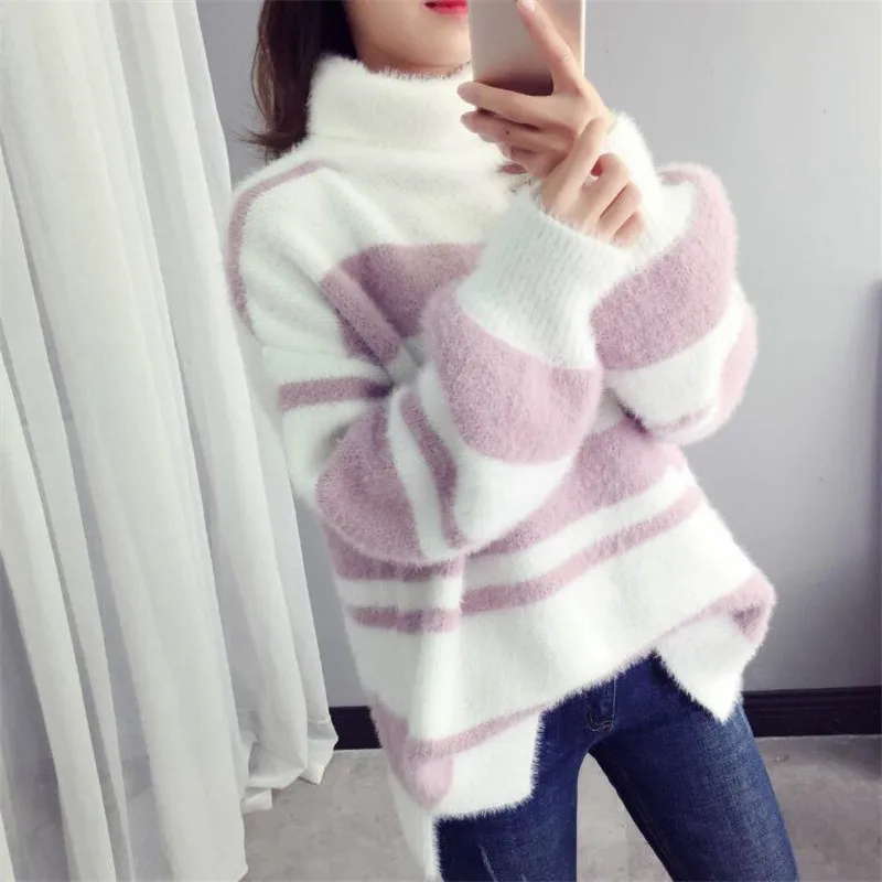 Свитер женский с высоким воротом в полоску длинным рукавом капюшоном имитацией