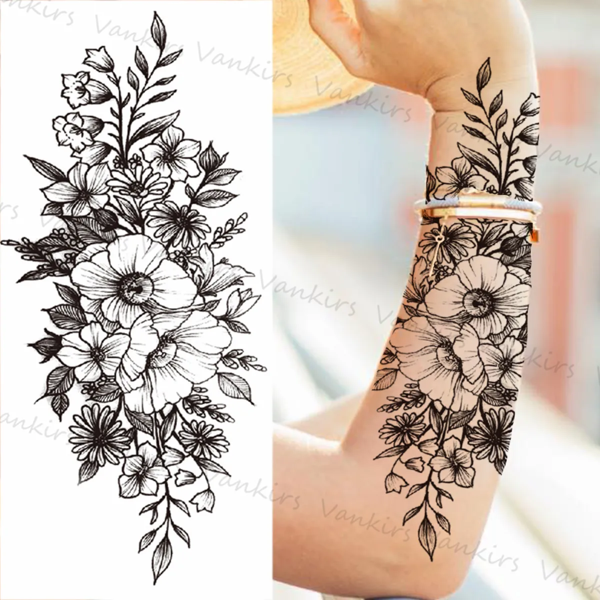 Временные татуировки с цветами для женщин и девушек реалистичные компасы