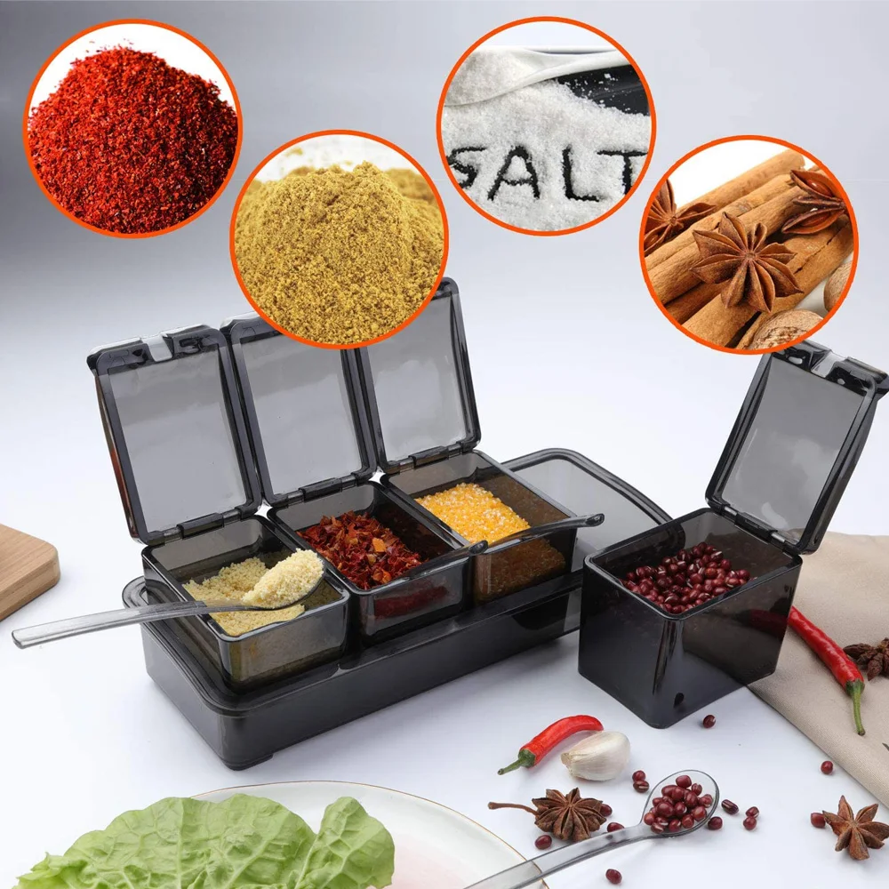 

Seasoning Box Set with Removable 4-compartment Storage Container Cruet for Home Kitchen Condiment Jars with Cover and Spoon