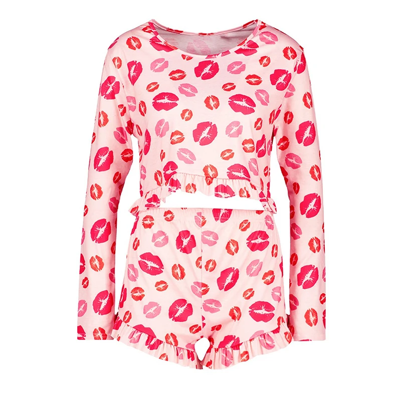 

Sleepwear Pajama Women Two Piece Set Lips Print Ruffle Crop Tops and Shorts Set Outfits Lovely Heart Homewear Mujer Full G2460