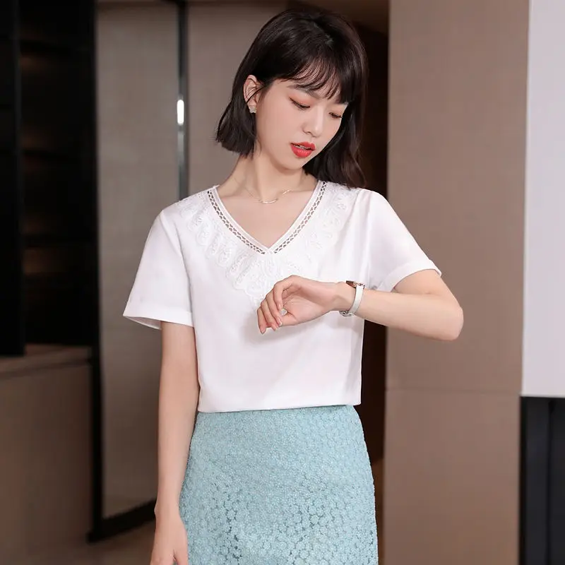 

2021 New Summer Women Tops Casual Short Sleeve V-Neck Cotton T-Shirt Fashion Loose Seem Two Piece White Tees Lady Clothing