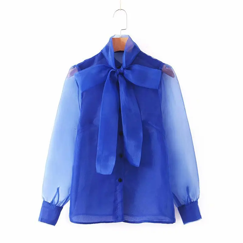 

Осенняя Женская однотонная блузка с бантом на воротнике, элегантный топ, Женская стильная голубая прозрачная рубашка с длинным рукавом, жен...