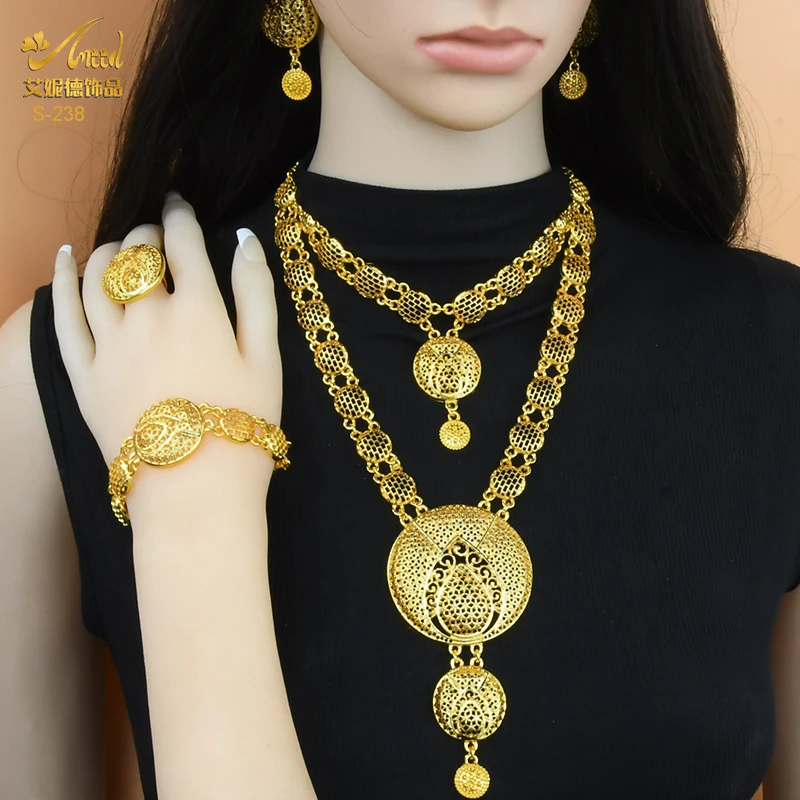 

Nigerian Gold Plated Luxury Wedding Jewellery Set African Women Necklace Earrings Bracelet Ethiopian Bridal Party Jewelry Sets