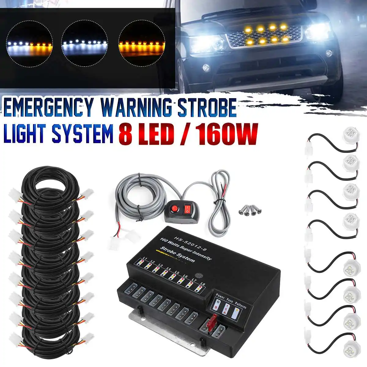

8PCS LED Bulbs Headlight Kit Car Hide Away Emergency Hazard Warning Flash Strobe Light System Kit 12V 160W