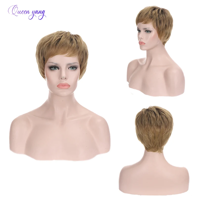 

QUEENYANG Women's Elf Cut Synthetic Short Yellow Wig Natural Black Women Heat-resistant Hair Wig Fluffy and Comfortable