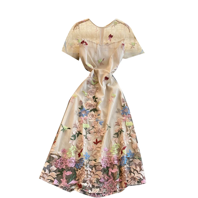 

Smlinan Summer Elegant Evening Party Dress Woman O Neck Short Sleeve Vintage Mesh Dresses Fashion Embroidery Floral Long Dress