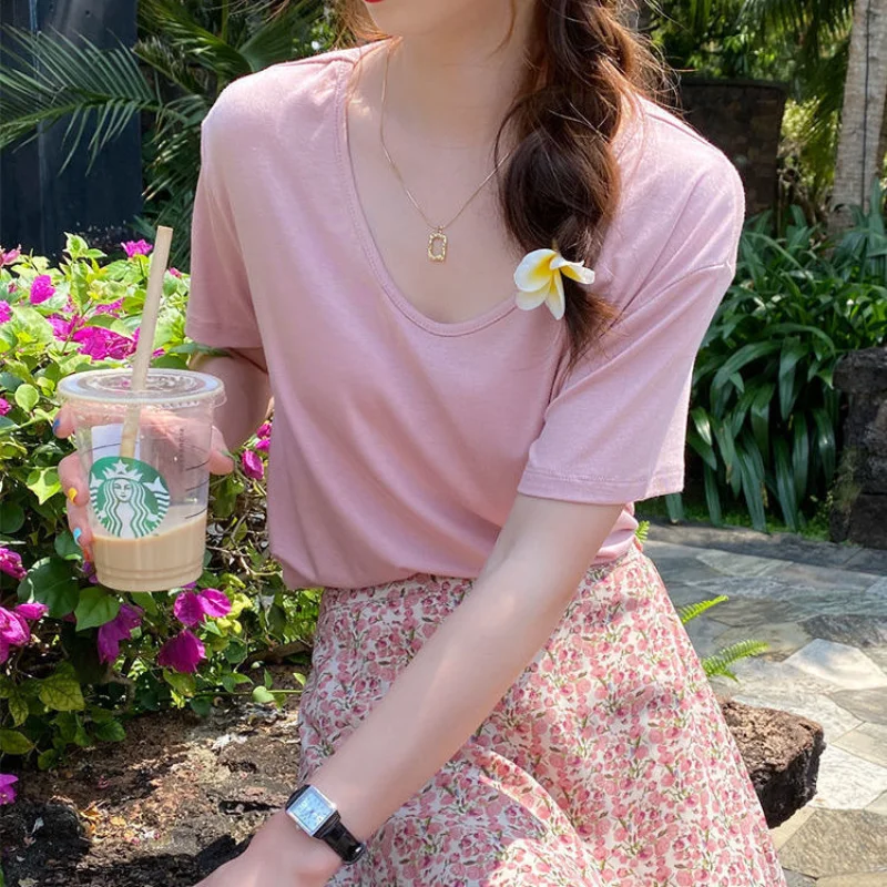

2021 New Ice Silk T-shirt Low Collar Loose Base Shirt Top Modal Short-Sleeved White Thin T-shirt Women 's Summer V-neck