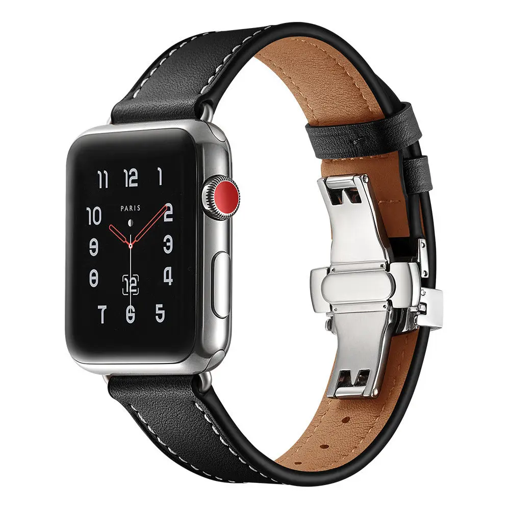 Ремешок кожаный для Apple Watch 6 Band Series SE/5/4/3/2 браслет с пряжкой бабочкой трех цветов