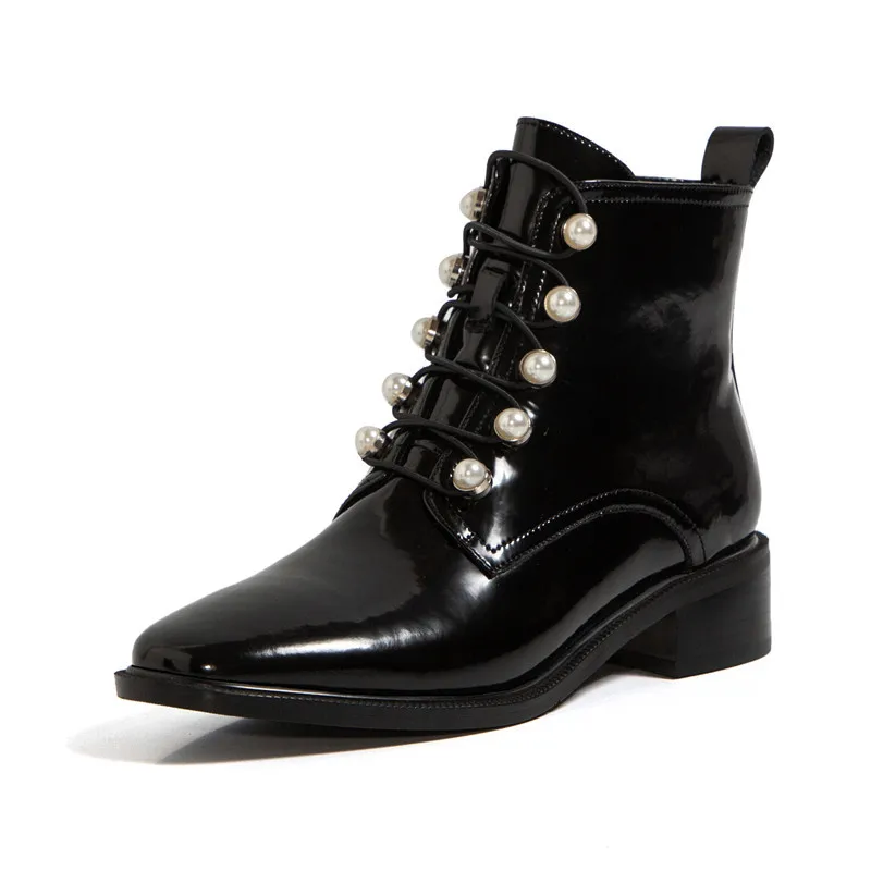 

Patent Leather Short Boots Women's Mid-heel New Autumn Winter Round Toe Bright Leather Pearl Decor British Thick Ankle Boots