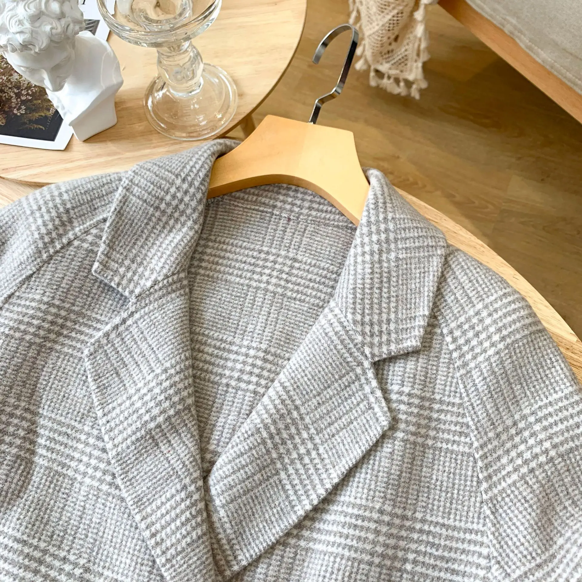 

plaid Woolen Coat Women Lapel Double-Sided Woolen Coat Jacket Loose Winter Outerwear Female Overcoat Long Sleeved