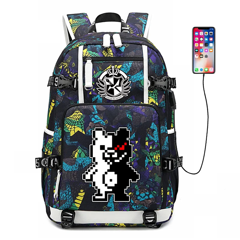Черный и белый рюкзак Danganronpa с медведем USB портом сумка со змеиным узором