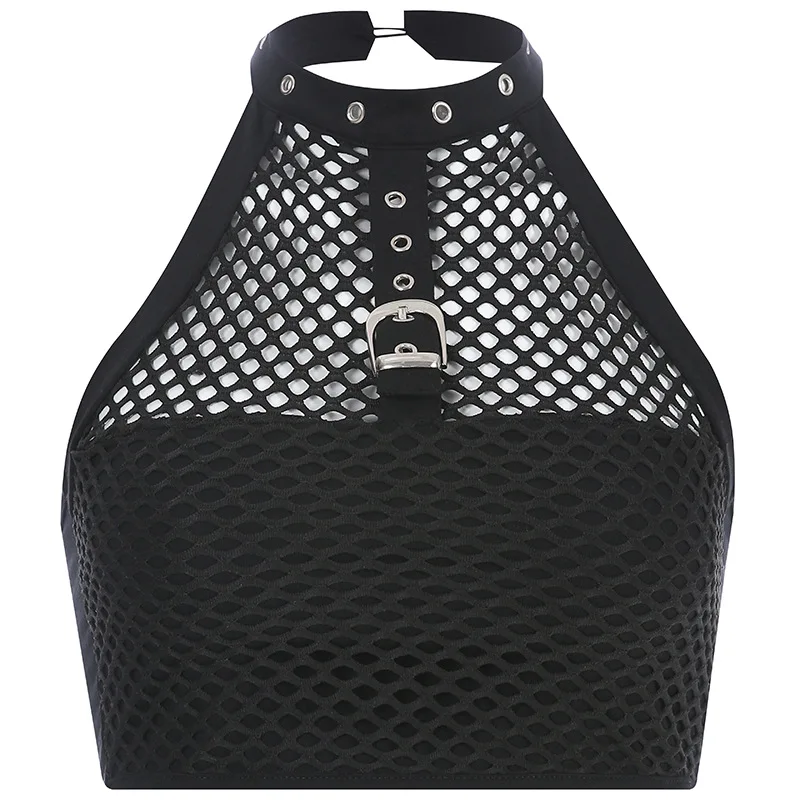 

Goth Sexy Black Mesh Tank Top Women Halter Backless Solid Color Top Streetwear Hollow Out Tank Dark Tops Summer Club