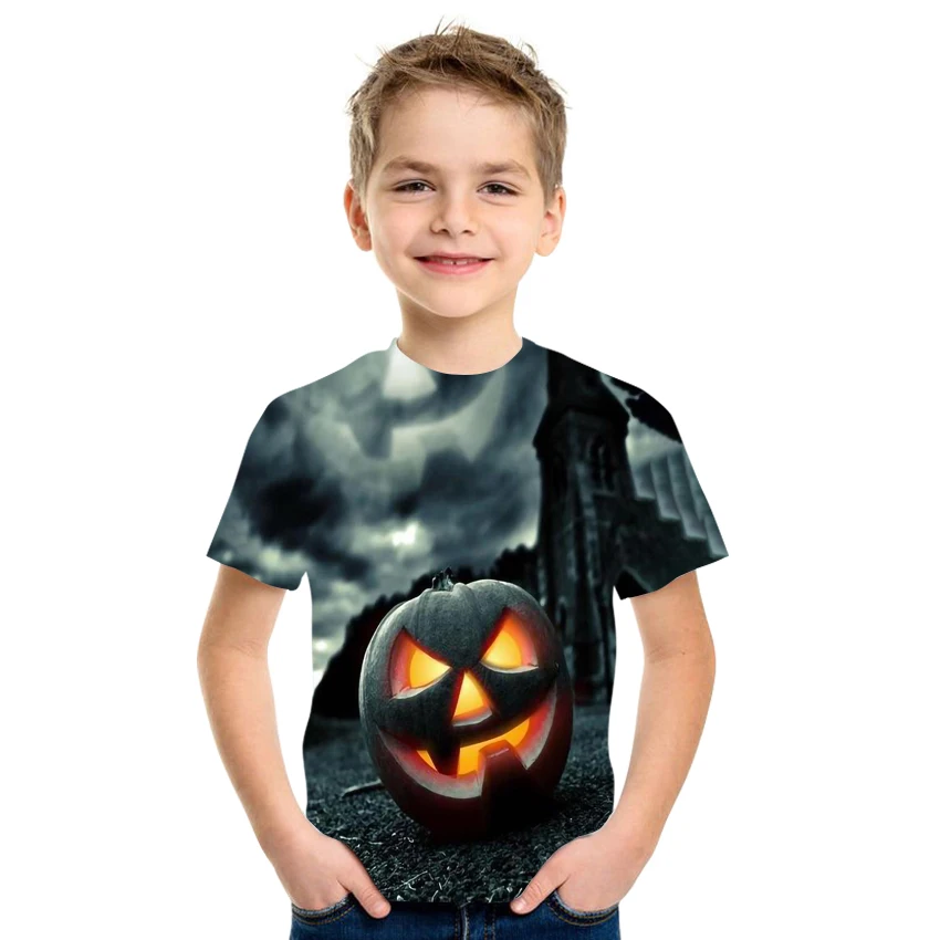 

2021New Summer 3D Printing Halloween Pumpkin Lantern Pattern Boys And Girls Casual Breathable Short Sleeve T-Shirt 100-170