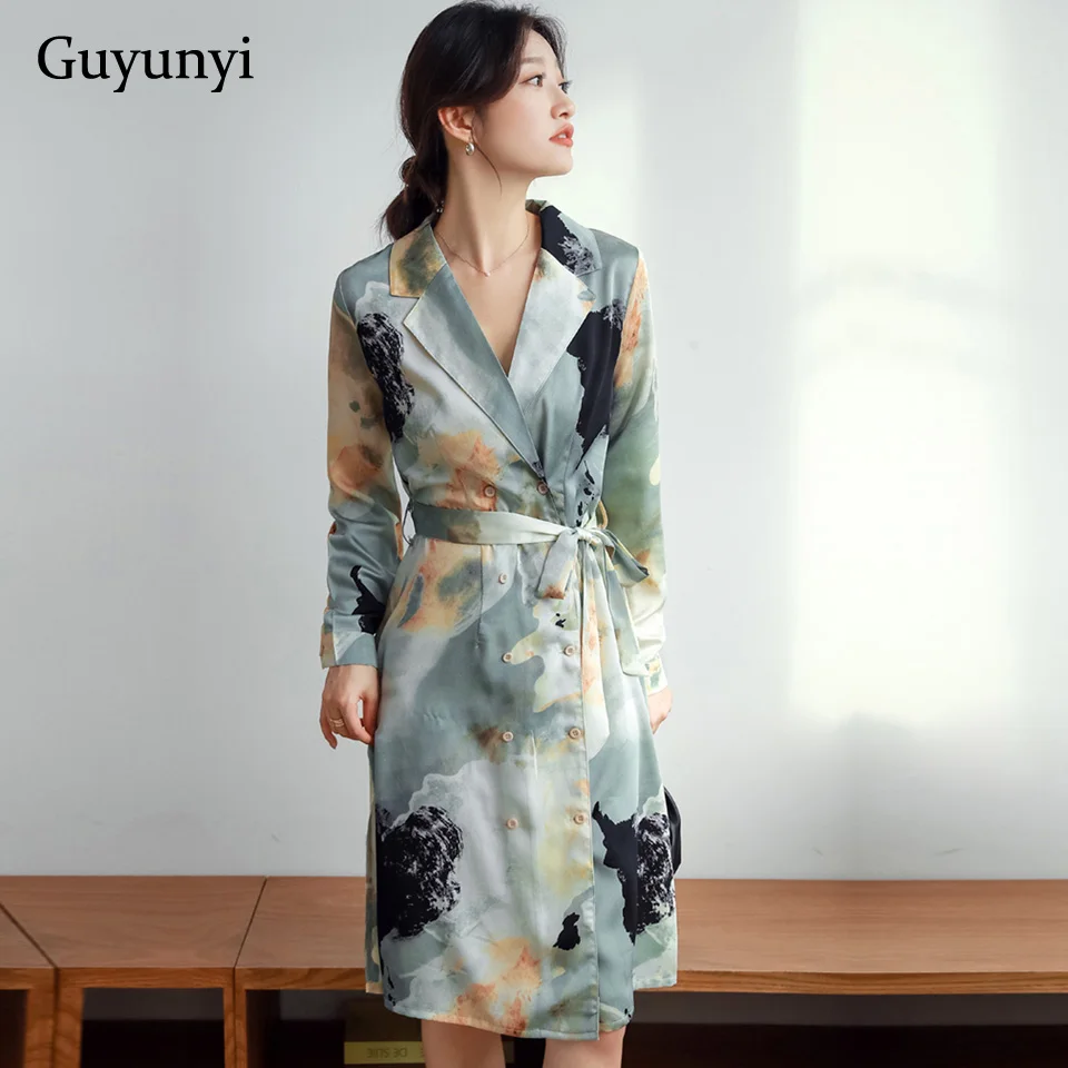 

Женское офисное платье-рубашка, Элегантное однобортное праздничное платье с отложным воротником, поясом и абстрактным рисунком, осень 2021