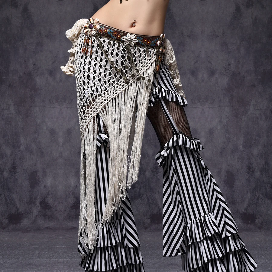 Женский платок для танца живота белый бандажный с кисточками и монетами