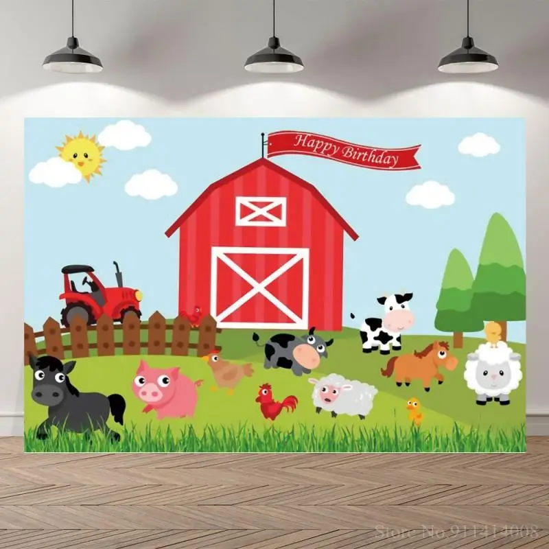 

Cartoon Rural Farm Theme Photography Backdrops Red Barn Barnyard Tractor Animals Photo Background Kids Birthday Party Backdrop