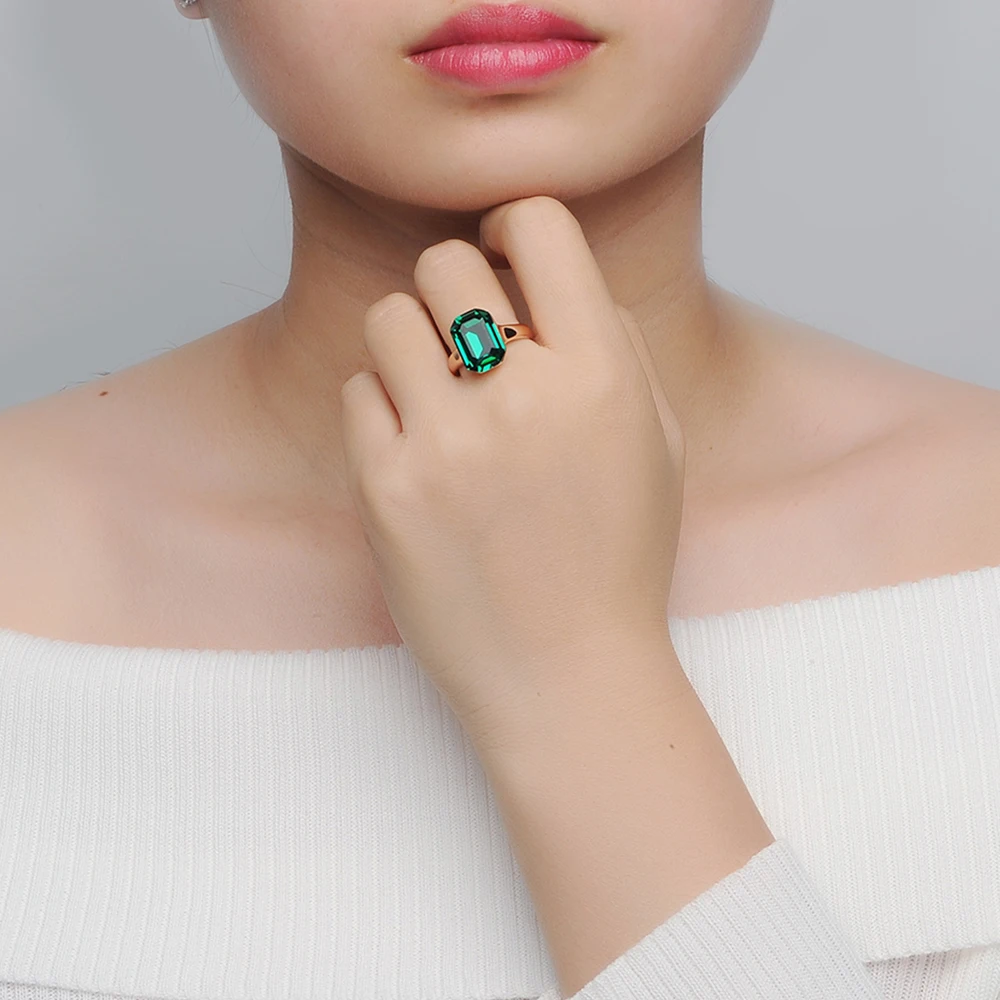 Женское кольцо на палец зеленое с большим кристаллом розовое золото|crystal jewelry|finger
