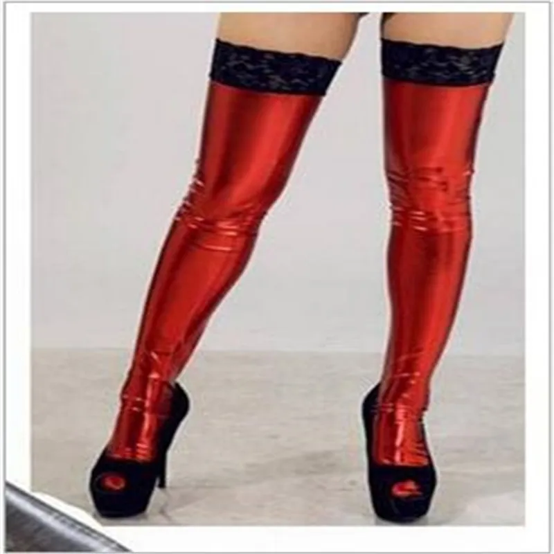 

Sexy Lingerie Stockings Women Sexy Lace Patchwork PU Leather Long Stocking Over Knee Thigh High Stockings