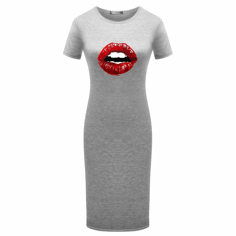 

Women Bodycon Sexy Lips Print Dress Elegant Party Summer Short Sleeve Pencil Dresses Plus Size Korean Package Hip Midi Vestidos