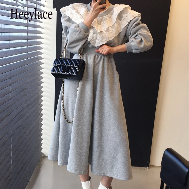 

2021 New Spring Autumn Women Dresses Thicken High Waist Lace Up Long Minimalist Pockets Wild Plus Fleece Warm Lady Dresses