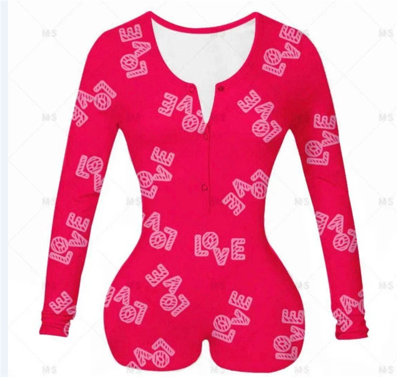 Adogirl 2021 Valentine's Day Print Women Sexy Jumpsuit V Neck Long Sleeve Shorts Romper Sleepwear Playsuits Lovers Gift Onesies
