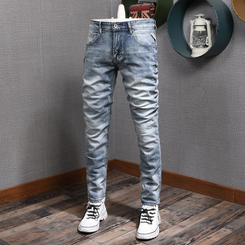 Mens Jeans Regular Fit Classic Light Blue Denim Trousers Men Casual Pants